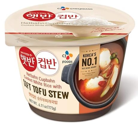 CJ Hetbahn Cupbahn Microwavable Cooked White Rice with Stir Fried Kimchi 햇반 컵반 볶음김치덮밥 3 packs+ Cooked White Rice with Spicy Soft Tofu Soup 햇반 컵반 순두부 찌개국밥 3Pack - Total 6Pack