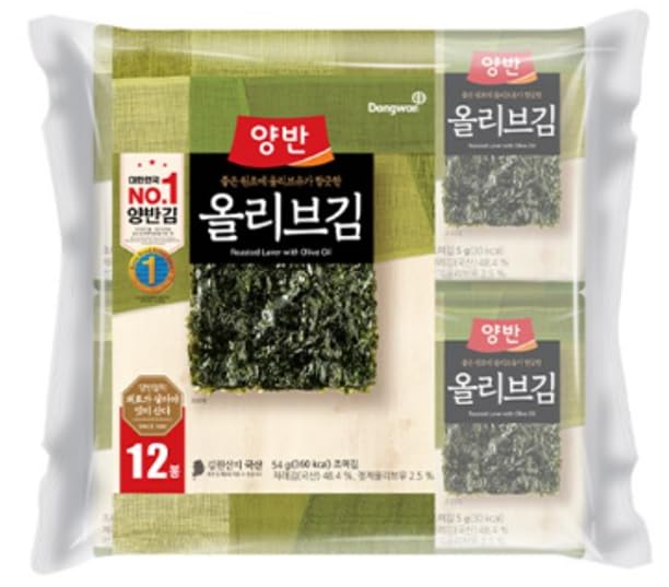 Dongwon Yangban Premium Quality Roasted Seaweed Snack With Olive Oil, Snack Gim, Seaweed, Laver, 동원 양반 올리브 김, (2.11oz, Pack of 12)