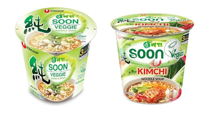 Nongshim VEGAN, VEGGIE, Soon Ramen Cup Noodle Soup Combo, Korean Instant Ramen Noodle, Cup Ramen, Soon Veggie (6 Packs)+ Soon Kimchi (6Packs) / Total 12pack