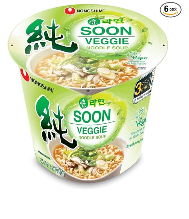 Nongshim VEGAN, VEGGIE, Soon Ramen Cup Noodle Soup Combo, Korean Instant Ramen Noodle, Cup Ramen, Soon Veggie (6 Packs)+ Soon Kimchi (6Packs) / Total 12pack