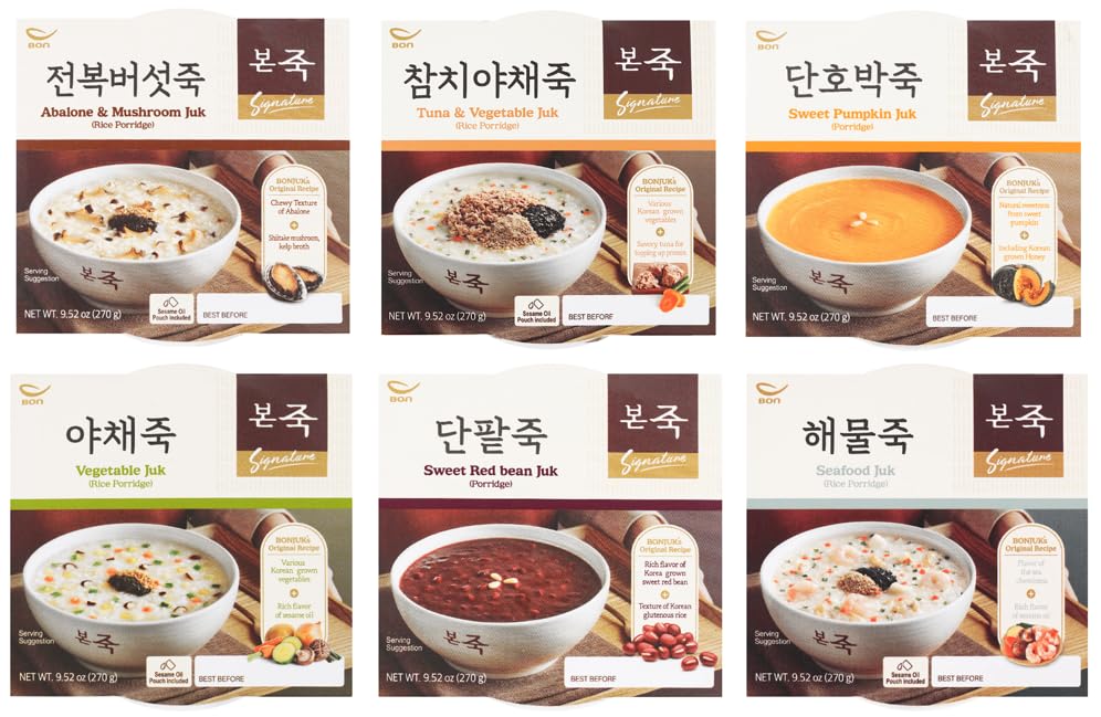 BONJUK Korean Rice Porridge Combo, Abalone & Mushroom (x1) ,Tuna and Vegetables (x1), Sweet Pumpkin and Honey (x1), Fresh Vegetable and Rice (x1), Sweet Red Beans (x1), Assorted Seafood (x1), 본죽 6가지 죽세트, 전복 버섯죽 (x1), 참치야채죽 (x1), 단호박죽 (x1), 야채죽(x1), 단팥죽 (x