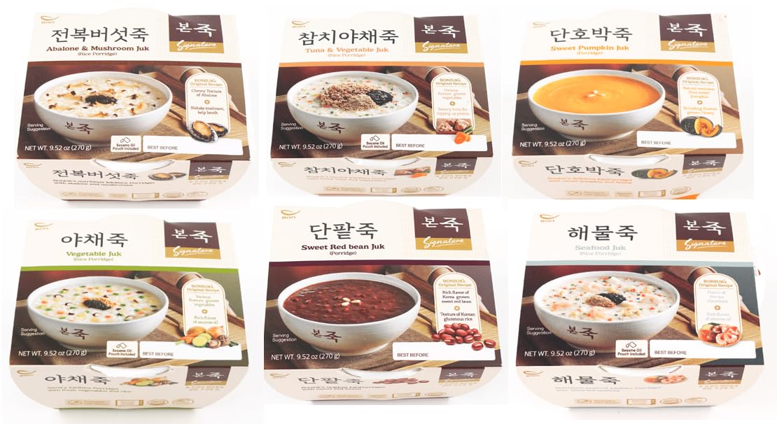 BONJUK Korean Rice Porridge Combo, Abalone & Mushroom (x1) ,Tuna and Vegetables (x1), Sweet Pumpkin and Honey (x1), Fresh Vegetable and Rice (x1), Sweet Red Beans (x1), Assorted Seafood (x1), 본죽 6가지 죽세트, 전복 버섯죽 (x1), 참치야채죽 (x1), 단호박죽 (x1), 야채죽(x1), 단팥죽 (x