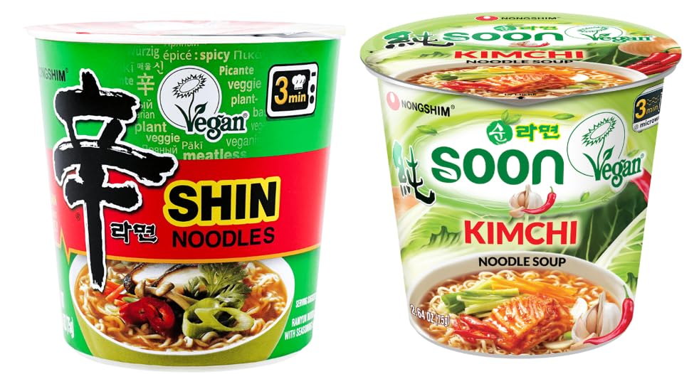 Nongshim VEGAN, VEGGIE Ramen Noodle Cup Combo/Korean Instant Ramen Noodle/K - Food, Shin Ramyun Veggie Noodle Soup 6packs + Soon Kimchi Noodle Soup 6packs / Total 12Packs