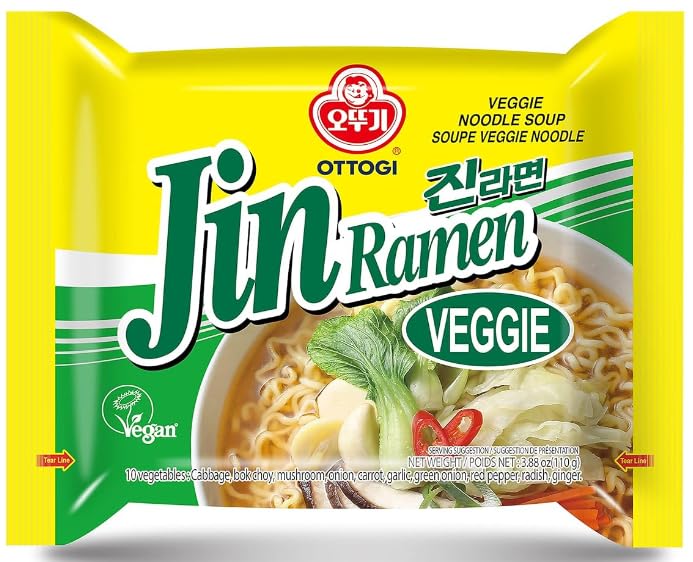 Jin Ramen Veggie (4 Pack) +Premium Shin Green, Mushroom & Fried Tofu (4 Pack) Combo ,K - Food, Veggie Noodle Soup, Vegan Korean Style Instant Noodle/ Ramen/Ramyun, VEGAN, VEGGIE, MEATLESS, Ramen Combo, 오뚜기 진라면 베지 (4Pack)+농심 신라면 그린 (4Pack) - Total 8 Pack