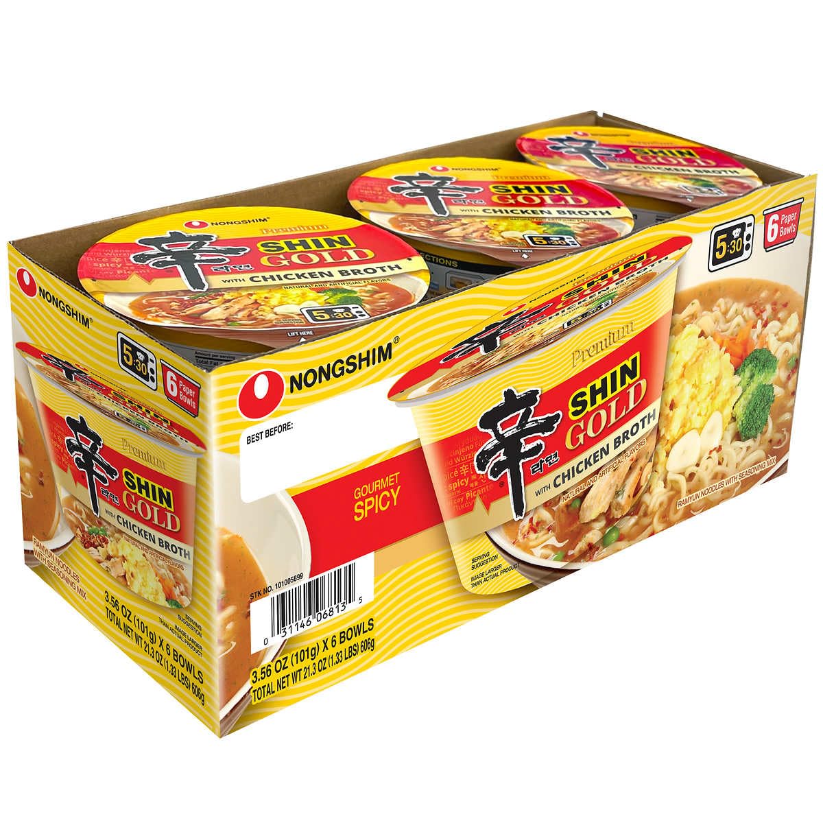 NongShim Bowl Noodle Soup Gold with Chicken Broth, Gourmet Spicy, 3.56 oz (101g) x 6 Bowls