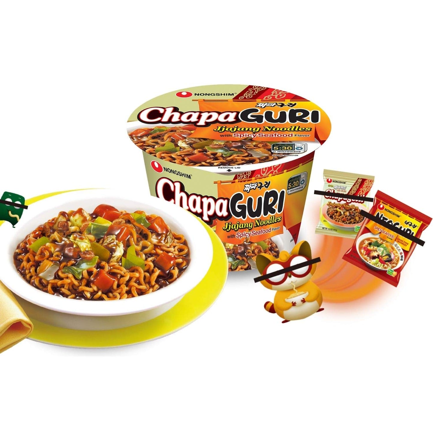 Nongshim Chapaguri, 농심 짜빠구리, Jjajang Noodle Bowl with Neoguri Seafood Udon Noodle, Microwavable Instant Korean Ramen Bowls, 4.02 Oz, 6 Pack