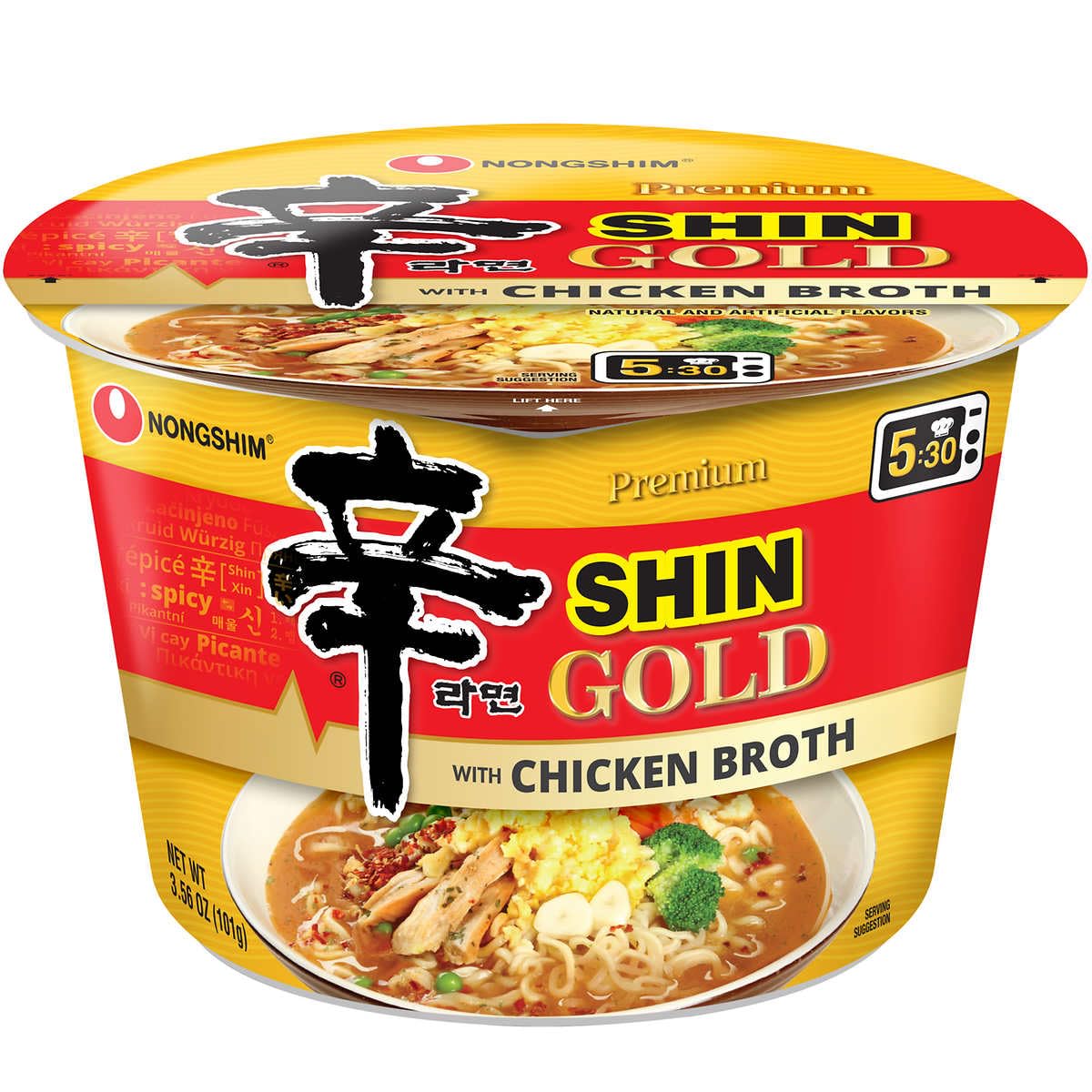 NongShim Bowl Noodle Soup Gold with Chicken Broth, Gourmet Spicy, 3.56 oz (101g) x 6 Bowls