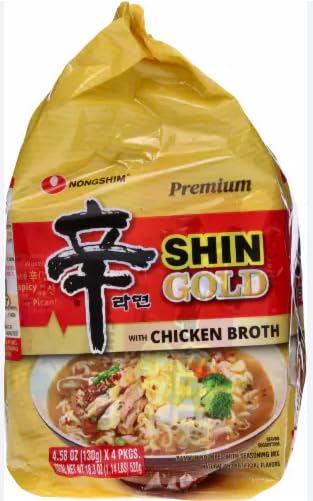 Nongshim Premium Shin Gold with Chicken Broth, Korean Instant Ramen Noodle/K - Food, (4.58oz/Pack, Pack of 4), Set of 2 - Total 8 Pack