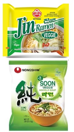 Jin Ramen Veggie (4 Pack) + Soon Vegie Ramen (4 Pack) Combo ,K - Food, Veggie Noodle Soup, Vegan Korean Style Instant Noodle/ Ramen/Ramyun, VEGAN, VEGGIE, MEATLESS, Ramen Combo, 오뚜기 진라면 베지 (4Pack)+농심