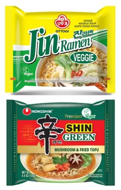Jin Ramen Veggie (4 Pack) +Premium Shin Green, Mushroom & Fried Tofu (4 Pack) Combo ,K - Food, Veggie Noodle Soup, Vegan Korean Style Instant Noodle/ Ramen/Ramyun, VEGAN, VEGGIE, MEATLESS, Ramen Combo, 오뚜기 진라면 베지 (4Pack)+농심 신라면 그린 (4Pack) - Total 8 Pack