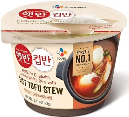 CJ Hetbahn Cupbahn Microwavable Cooked Rice with Soft Tofu Soup 햇반 컵반 순두부 찌개밥 2 packs + Ottogi Cupbop/Cupbap/Dupbap, Cooked Rice & Stir Fried Kimchi with Sesame Oil 오뚜기 참기름 김치볶음밥 2Pack + CJ Hetbahn Cupbahn Microwavable Cooked Rice with Seaweed Soup 햇반 컵반