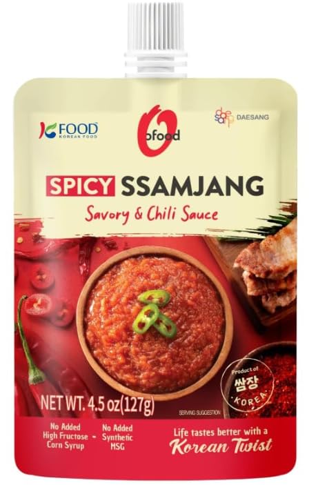 O'Food  Mild Ssamjang Savory and Nutty Sauce (3Pack), + Spicy Ssamjang Savory and Chilly Sauce (3 Pack), Korean Seasoned Soybean Paste, 청정원 Ofood 순한맛,매콤한 맛 쌈장 콤보, Squeeze and Cap Pouch 4.5 Oz- Set of 6.