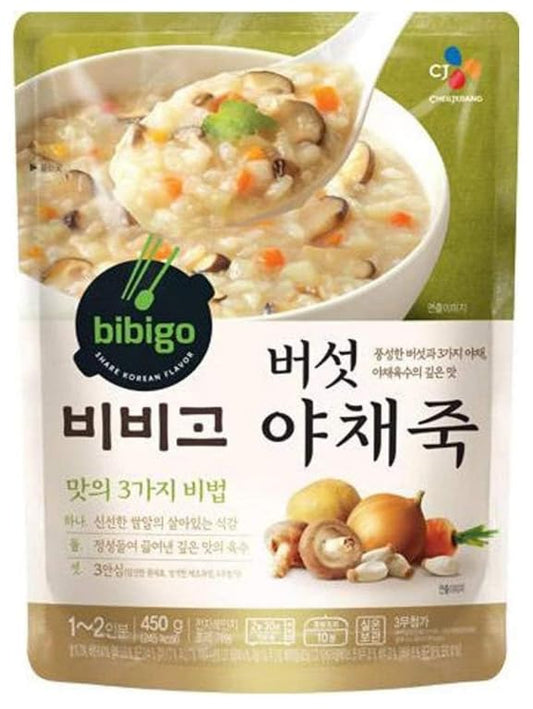 CJ Foods BIBIGO Rice Porridge with Mushroom and Vegetable Korean Ready Meal Healthy Instant Porridge 450g - (6 Pack)