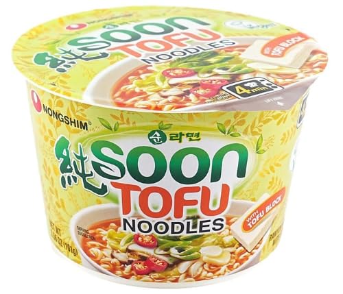 Nongshim Soon Tofu Noodles Instant Ramen noodle With Tofu Block, 3.56 oz, 농심 순 두부 큰사발, VEGAN, VEGGIE, Korean Instant Ramen Noodle/K - Food, Microwaveable Vegan Meatless Ramen, (PACK OF 6)
