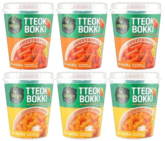 CJ Bibigo Tteokbokki Cup Rice Cake, Korean Street Food - Sweet & Spicy (3 Pack), Cheese (3 Pack) 4.4oz/ Pack - Total 6 Pack