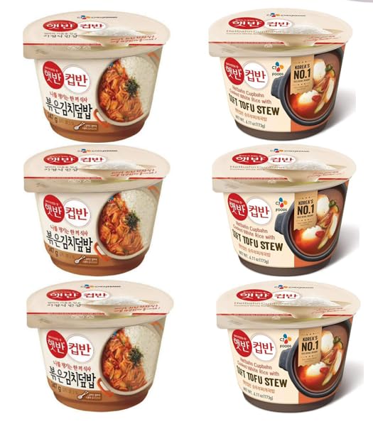 CJ Hetbahn Cupbahn Microwavable Cooked White Rice with Stir Fried Kimchi 햇반 컵반 볶음김치덮밥 3 packs+ Cooked White Rice with Spicy Soft Tofu Soup 햇반 컵반 순두부 찌개국밥 3Pack - Total 6Pack