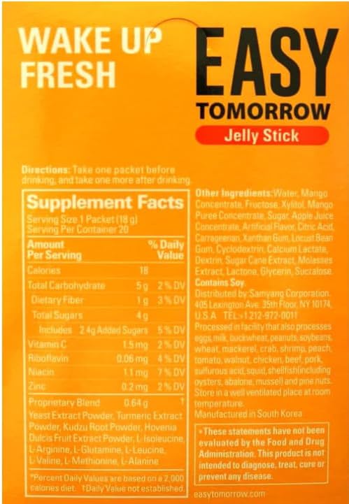 Easy Tomorrow Hangover Relief Jelly Stick, Mango Flavors, 30 Count, Party Recovery Aid, 상쾌한 30 Stick