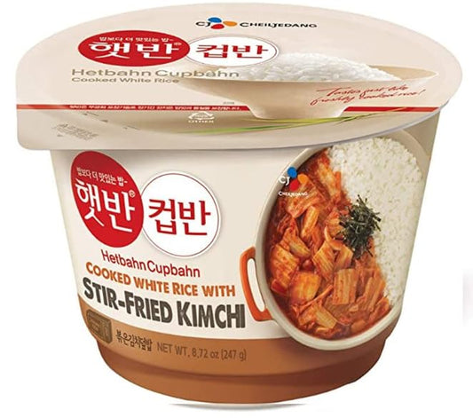 CJ Foods Hetbahn Cupbahn Microwavable Instant Rice Bowls, 햇반 컵반 볶은 김치 덮밥, Cooked White Rice With Stir-Fried Kimchi - 6 Pack Set
