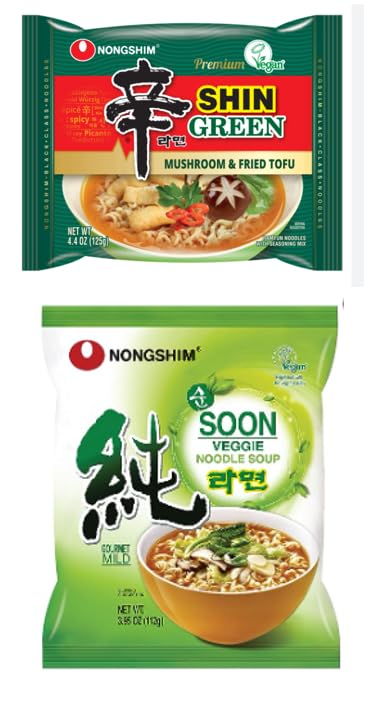 Nongshim VEGAN, VEGGIE, MEATLESS Ramen Combo, Korean Instant Ramen Noodle/K - Food, Shin Premium Green Mushroom & Fried Tofu (4.4oz, 4Pack), Soon Veggie (3.95oz, 4 Pack)-Total 8 Pack