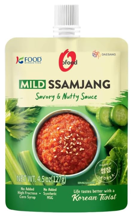 O'Food  Mild Ssamjang Savory and Nutty Sauce (3Pack), + Spicy Ssamjang Savory and Chilly Sauce (3 Pack), Korean Seasoned Soybean Paste, 청정원 Ofood 순한맛,매콤한 맛 쌈장 콤보, Squeeze and Cap Pouch 4.5 Oz- Set of 6.