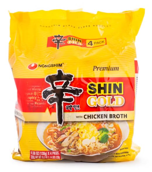 Nongshim Premium Shin Gold with Chicken Broth, Korean Instant Ramen Noodle/K - Food, (4.58oz/Pack, Pack of 4), Set of 2 - Total 8 Pack