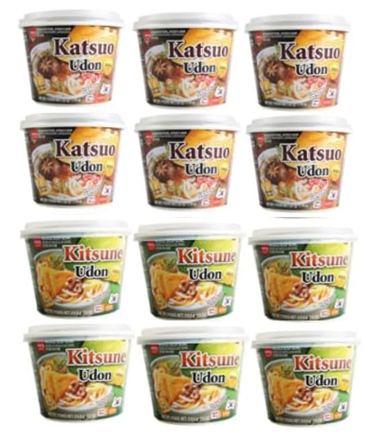 Wang Katsuo Udon Bowl (가쓰오 우동) and Kitsune Udon Bowl (유부우동) combo - 6 Katsuo and 6 Kitsune Udon - Total 12 Bowl