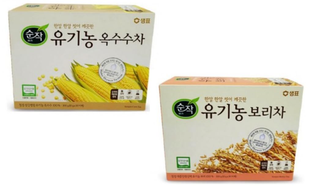 Sempio Oraganic Corn Tea, 샘표 한알한알 씻어 더욱 깨끗한 유기농 옥수수차(10.58 oz) + Organic Barley Tea, 샘표 순작 한알한알 씻어 더욱 꺠끗한 유기농 보리차 (10.58 oz)