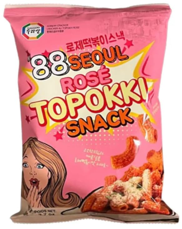 Surasang 88 Seoul ROSE Topokki Snack, 88 로제 떡볶이 스낵, Rose Tteokbokki Flavored Crispy And Crunch Chips, Korean Sweet and Spicy Snack, 3.7 oz - 5 Pack