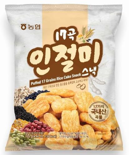 Nonghyup Korean Cracker Puffed 17 Grain Rice Cake Snack, 농협 국산 17곡으로 만든 콩고물 듬쁙입혀 고소하고 바삭한 17곡 인절미 스낵, 4.40oz - 12 Pack