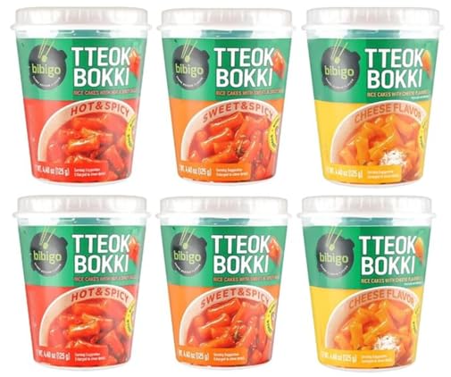 CJ Bibigo Tteokbokki Cup Rice Cake Combo, Korean Street Food - [ Hot & Spicy (2pk) Sweet & Spicy (2pk), Cheese (2pk)] - 4.4oz/ Pack, Total 6 Pack