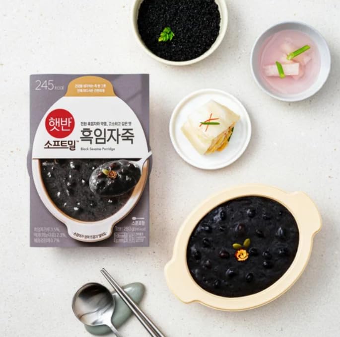 CJ Foods Bibigo Black Sesame Porridge, Korean Rice Porridge, 햇반 진한 흑임자와 약콩, 고소하고 깊은맛 흑임자죽,280g - (Pack of 6)