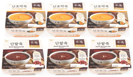 BONJUK Korean Rice Porridge Combo, Sweet Pumpkin and Honey (x3), Sweet Red Beans (x3), 본죽 2가지 죽세트, 단호박죽 (x3),단팥죽 (x3), Ready to eat meal, Easy to prepare porridge pouch - 6 Pack Set