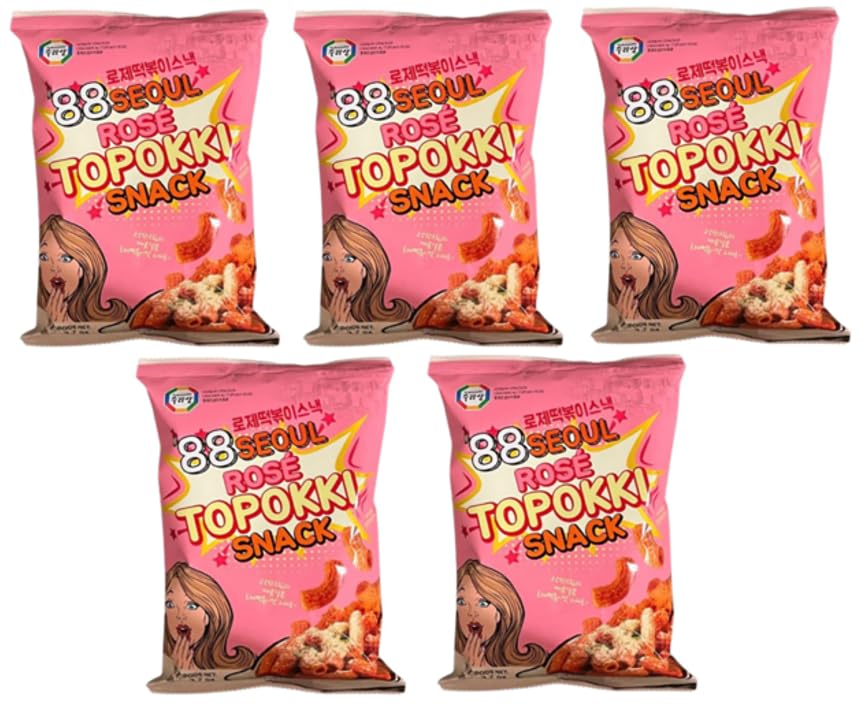 Surasang 88 Seoul ROSE Topokki Snack, 88 로제 떡볶이 스낵, Rose Tteokbokki Flavored Crispy And Crunch Chips, Korean Sweet and Spicy Snack, 3.7 oz - 5 Pack