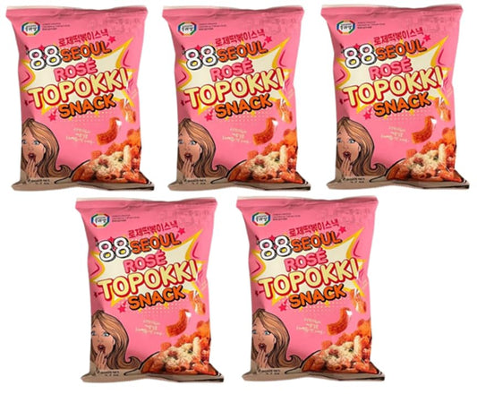 Surasang 88 Seoul ROSE Topokki Snack, 88 로제 떡볶이 스낵, Rose Tteokbokki Flavored Crispy And Crunch Chips, Korean Sweet and Spicy Snack, 3.7 oz - 5 Pack