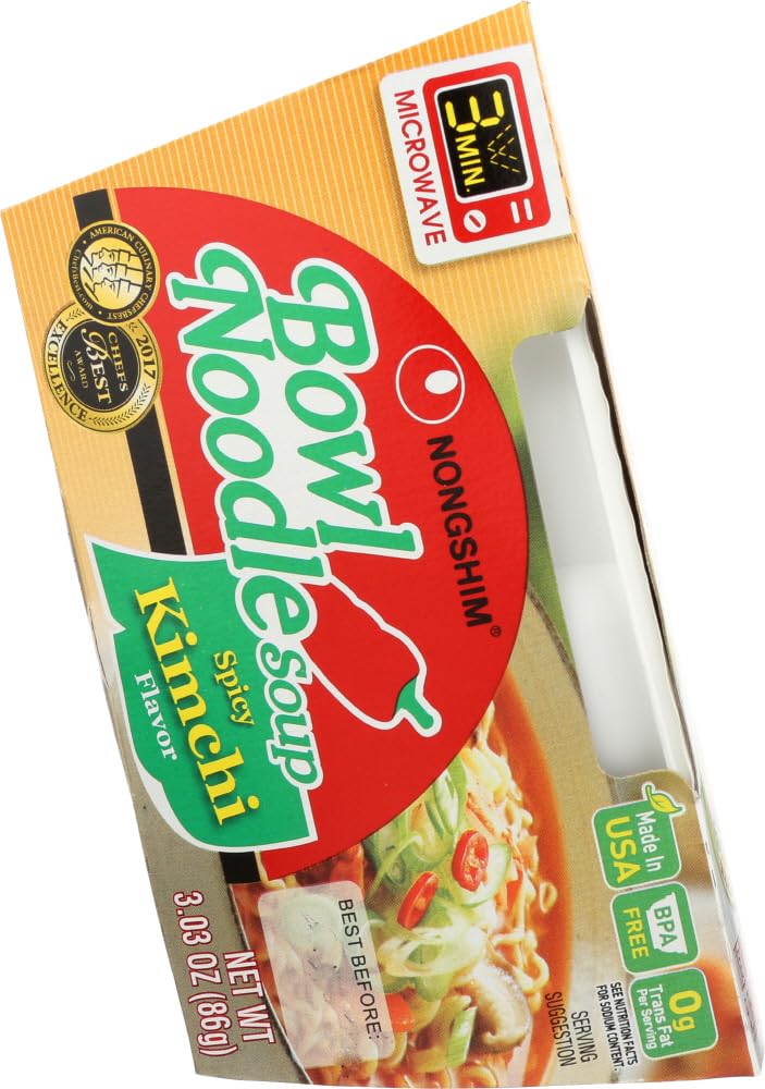 Nongshim Spicy Kimchi Bowl Noodle, Instant Noodle Soup With Real Kimchi Spicy Kimchi No Msg 12 Packs of 3.03 Oz,농심 김치 사발