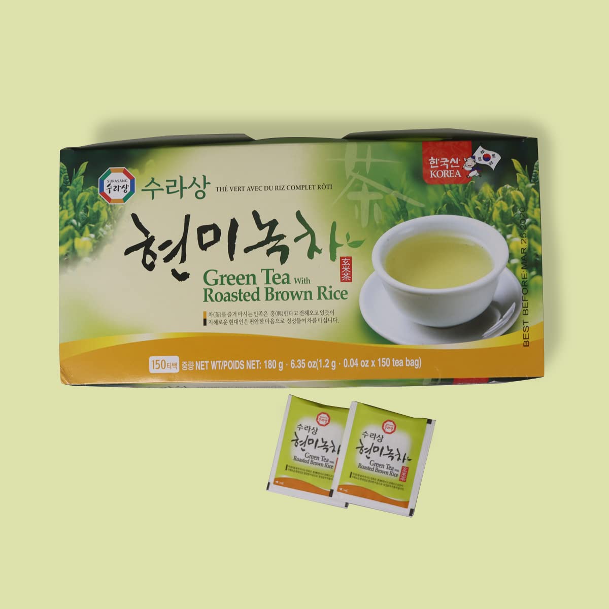 Surasang Green Tea with Roasted Brown Rice Tea, Toasty and Fragrant, Korean Herb Tea, 150 Teabags