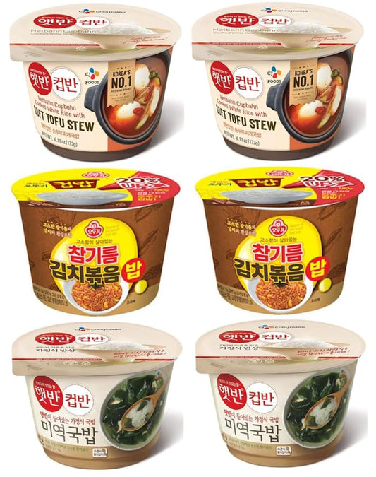 CJ Hetbahn Cupbahn Microwavable Cooked Rice with Soft Tofu Soup 햇반 컵반 순두부 찌개밥 2 packs + Ottogi Cupbop/Cupbap/Dupbap, Cooked Rice & Stir Fried Kimchi with Sesame Oil 오뚜기 참기름 김치볶음밥 2Pack + CJ Hetbahn Cupbahn Microwavable Cooked Rice with Seaweed Soup 햇반 컵반