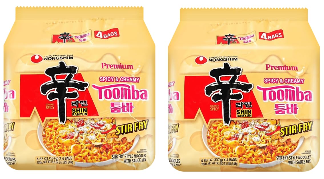 Nongshim Premium Shin Ramen Toomba,Spicy Creamy Stir Fry Instant Noodles, 농심 신라면 매콤 꾸덕한 툼바, Korean Instant R amen, K-Food 4.83 Oz (137g) 4 Pack, Set of 2- Total 8 Pack