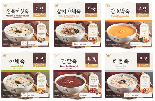 BONJUK Korean Rice Porridge Combo, Abalone & Mushroom (x1) ,Tuna and Vegetables (x1), Sweet Pumpkin and Honey (x1), Fresh Vegetable and Rice (x1), Sweet Red Beans (x1), Assorted Seafood (x1), 본죽 6가지 죽세트, 전복 버섯죽 (x1), 참치야채죽 (x1), 단호박죽 (x1), 야채죽(x1), 단팥죽 (x