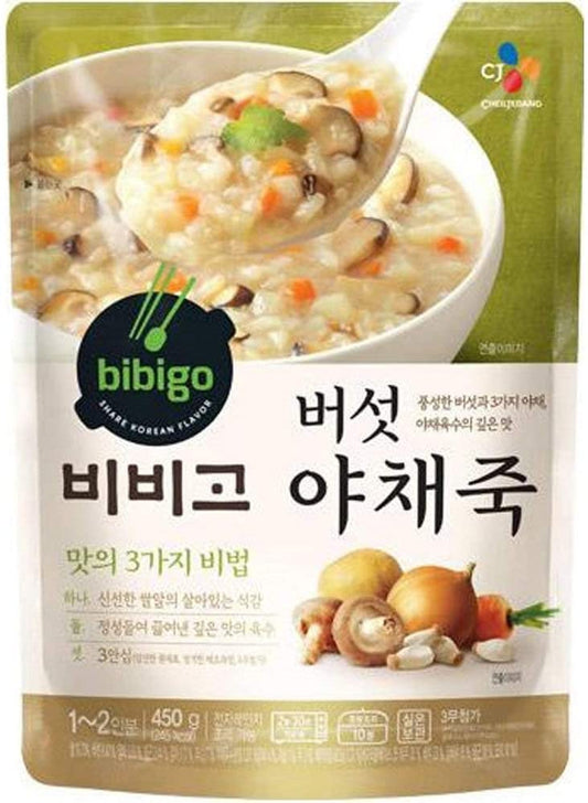 CJ Foods BIBIGO Rice Porridge with Mushroom and Vegetable Korean Ready Meal Healthy Instant Porridge 450g - (Pack of 12)