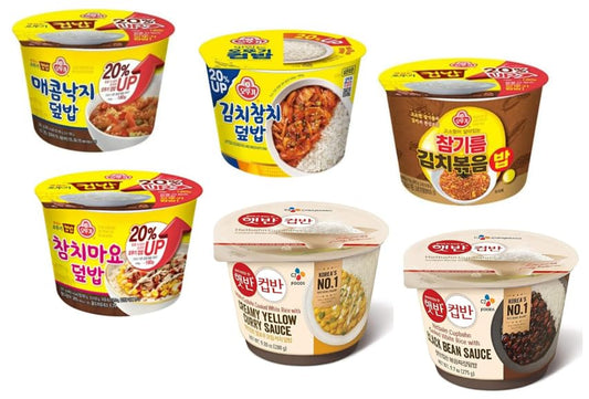 Cupbop/ Cup Rice/ Cup Bahn /Cooked Rice Bowl with Spicy Octopus, Kimchi Sauce with Tuna, Kimchi Fried Rice with Sesame Oil, Tuna with Mayonaise, Yellow Cream Curry, Black Bean Sauce 오뚜기 매콤낙지, 김치 참치, , 참기름 김치볶음밥, 참치마요 덮밥 , Cj 햇반 컵반 옐로우 크림 커리덮밥, CJ 햇반 컵반 직화