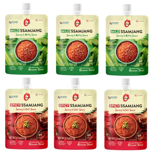 O'Food  Mild Ssamjang Savory and Nutty Sauce (3Pack), + Spicy Ssamjang Savory and Chilly Sauce (3 Pack), Korean Seasoned Soybean Paste, 청정원 Ofood 순한맛,매콤한 맛 쌈장 콤보, Squeeze and Cap Pouch 4.5 Oz- Set of 6.