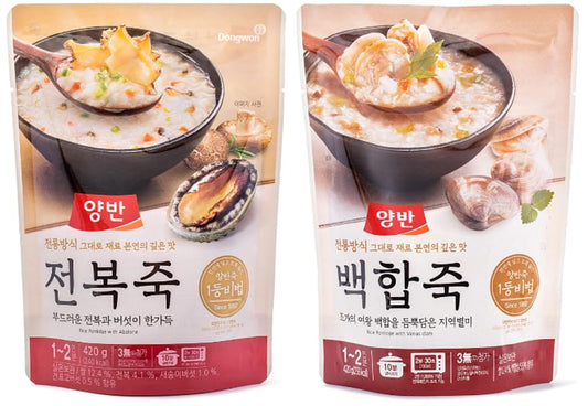 Dongwon Yangban  Rice Porridge With Ablaone 양반 전복죽 (3 Pack), Rice Porridge with Venus Clam 양반 백합죽 (3 Pack) - Total 6 Pack