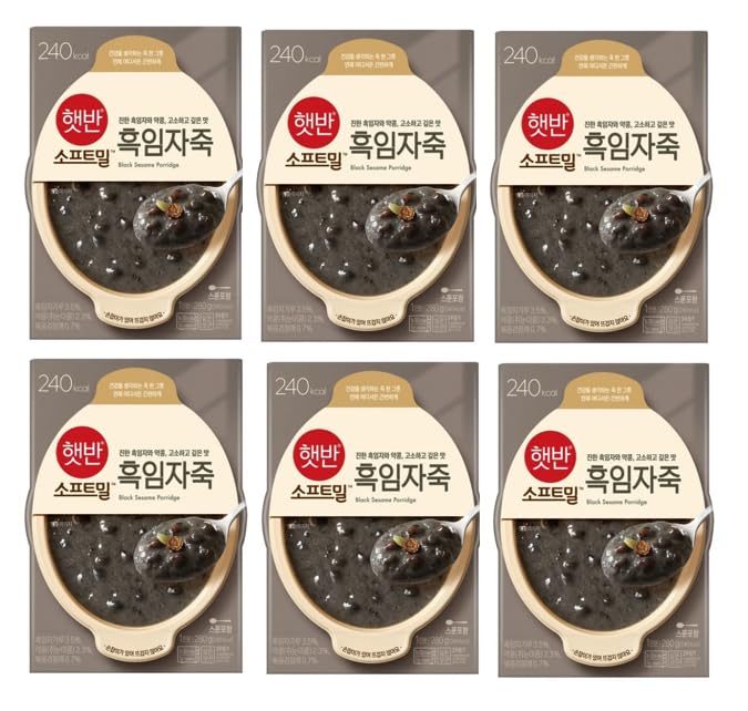 CJ Foods Bibigo Black Sesame Porridge, Korean Rice Porridge, 햇반 진한 흑임자와 약콩, 고소하고 깊은맛 흑임자죽,280g - (Pack of 6)