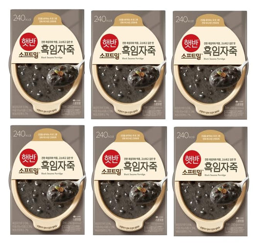 CJ Foods Bibigo Black Sesame Porridge, Korean Rice Porridge, 햇반 진한 흑임자와 약콩, 고소하고 깊은맛 흑임자죽,280g - (Pack of 6)
