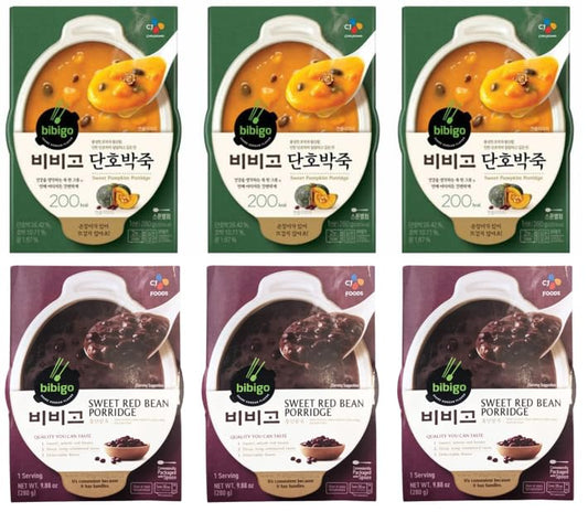 CJ Foods Bibigo Sweet Pumpkin Porridge (3 Pack), Sweet Red Bean Porridge (3Pack), Korean Rice Porridge Combo, CJ 단호박죽 (280g, 3Pack) CJ 통단팥죽 (280g, 3Pack) - 6 Pack Set
