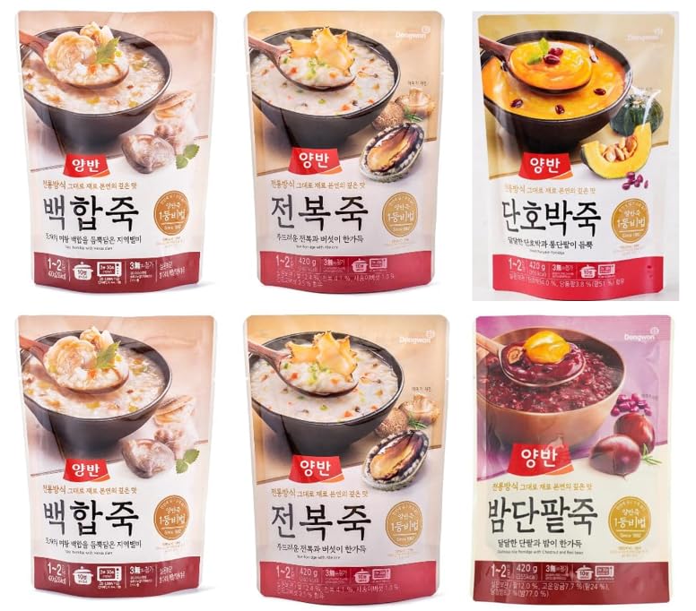 Dongwon Yangban Rice Porridge Assorted Set - Rice Porridge With Venus Clam 양반 백합죽 (2Pack), Rice Porridge With Abalone 양반 전복죽 (2 Pack), Sweet Pumpkin Porridge 양반 단호박죽(1 Pack), Rice Porridge with Chestnut and Redbean 양반 밤단팥죽 (1 Pack), - Total 6