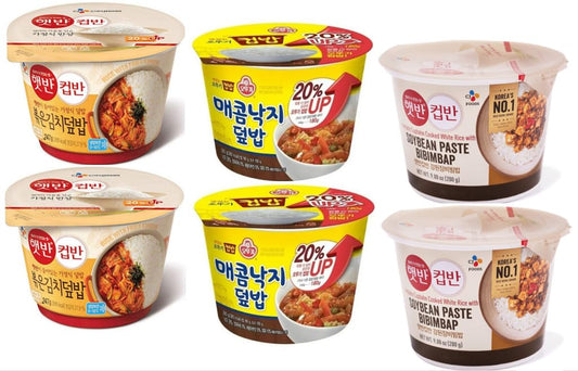 CJ Hetbahn Cupbahn Microwavable Cooked White Rice with Stir Fried Kimchi (Kimchi Fried Rice )햇반 컵반 볶음김치덮밥 2 packs + Ottogi Cupbop/Cupbap/Dupbap, Cooked Rice With Spicy Octopus 오뚜기 매콤낙지 덮밥 2Pack + CJ Hetbahn Cupbahn Microwavable Cooked White Rice with Soyb