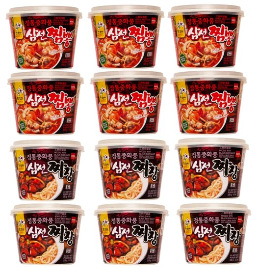 Wang Seafood Jjamppong Spicy Noodle Soup,왕 정통 중화풍 삼선 짬뽕 (6 Pack) + Wang Jjajang Sweet and Savory Black Bean Noodle, 왕 정통 중화풍 삼선 짜장 (6 Pack) combo - 6 Jjajang and 6 Jjampong Noodle Combo 짬짜면 콤보 - Total 12 Bowl