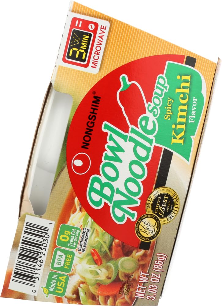 Nongshim Spicy Kimchi Bowl Noodle, Instant Noodle Soup With Real Kimchi Spicy Kimchi No Msg 12 Packs of 3.03 Oz,농심 김치 사발